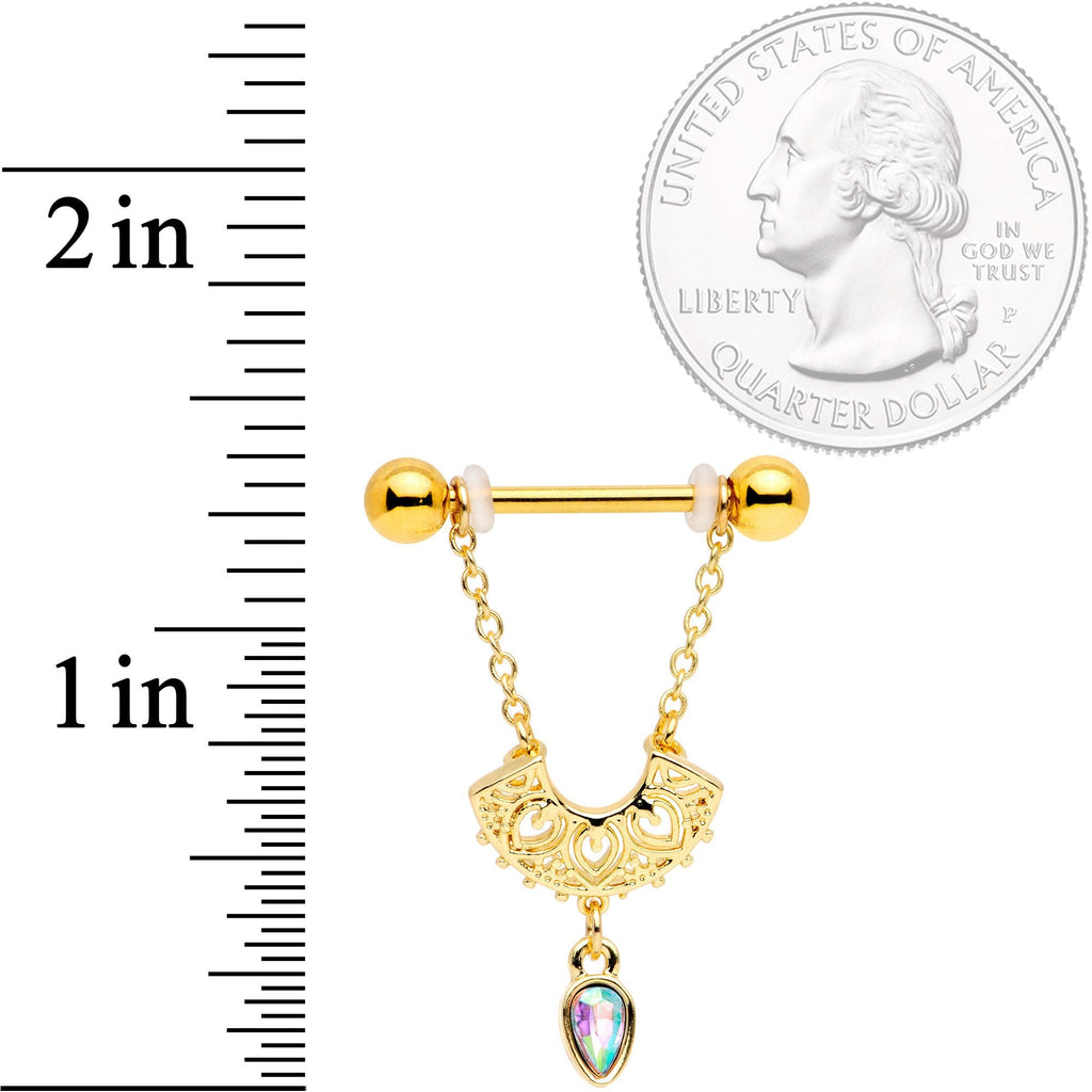 14G 9/16 Aurora Gem Gold Tone Fan Dangle Barbell Nipple Ring Set