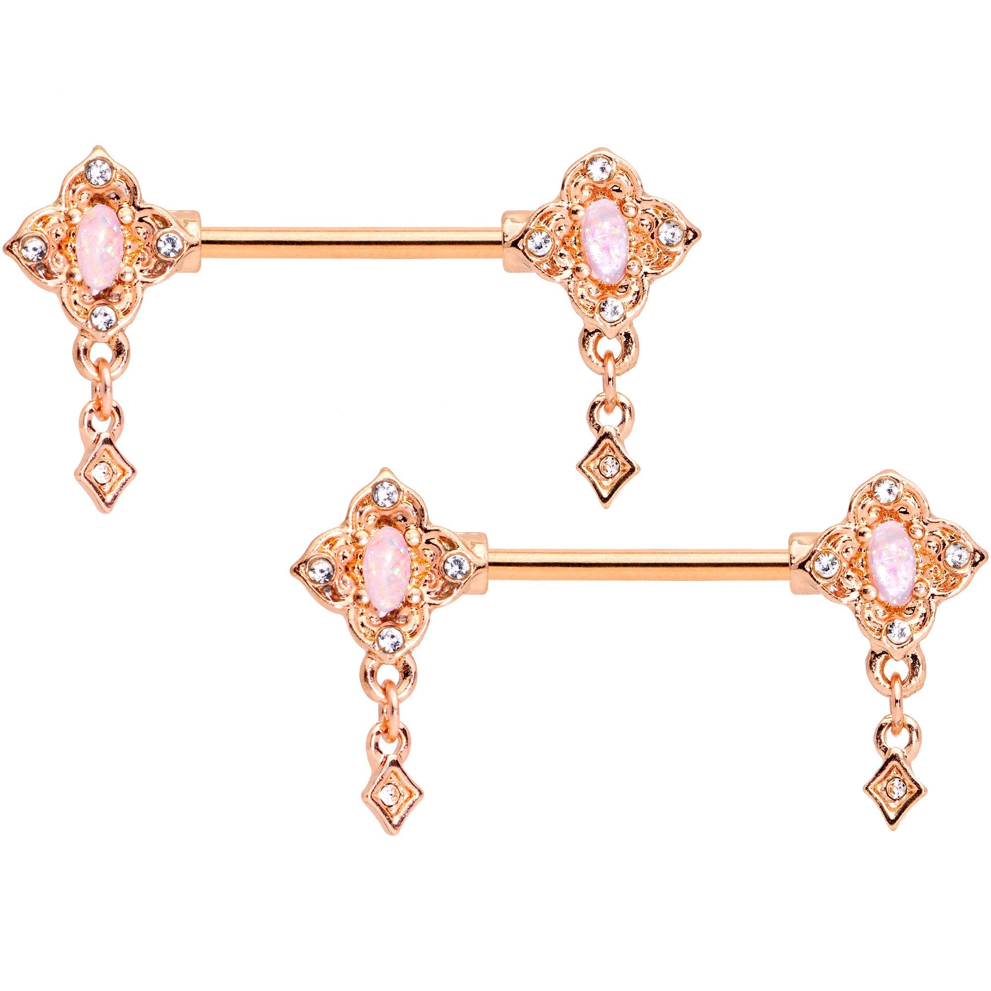 14G Faux Opal Rose Gold Tone Art Deco Barbell Nipple Ring Set