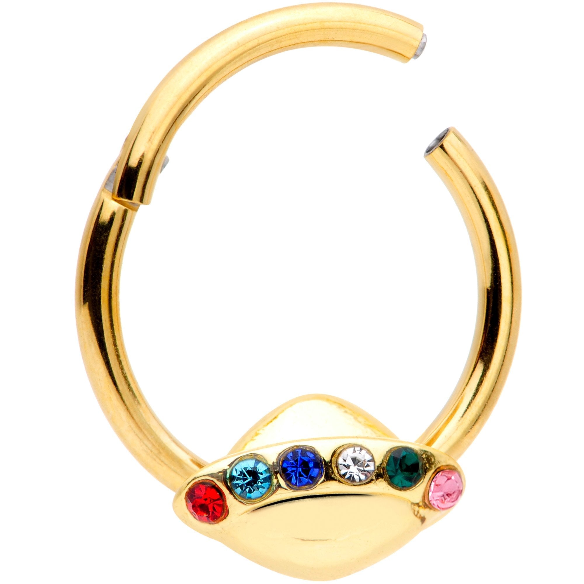 16G 3/8 Multicolor Gem Gold Tone UFO Hinged Segment Ring