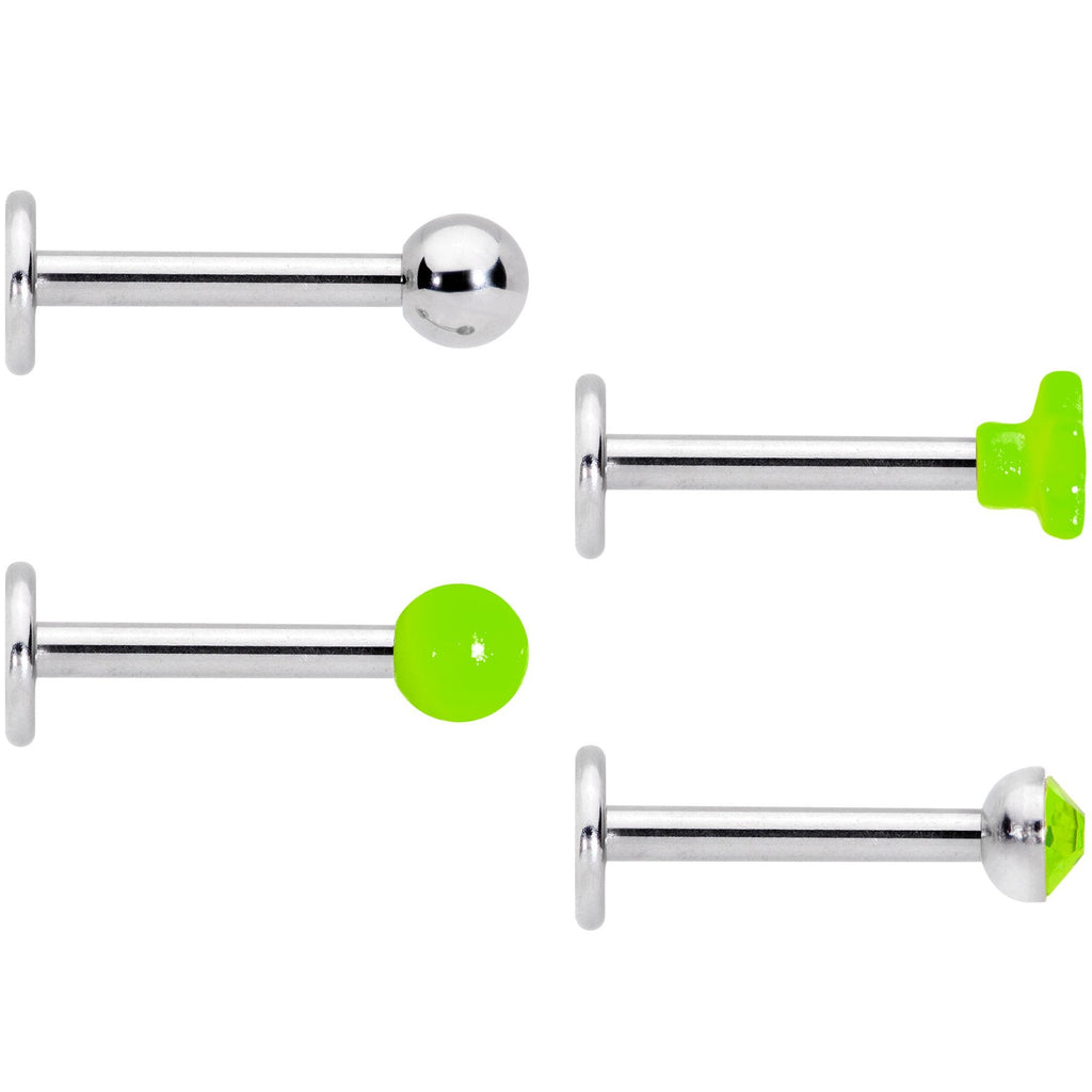 16G 3/8 Green Gem Star Glow Internally Threaded Labret Set of 4