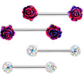 14G 5/8 9/16 Clear Gem Multi Color Roses Barbell Nipple Ring Set