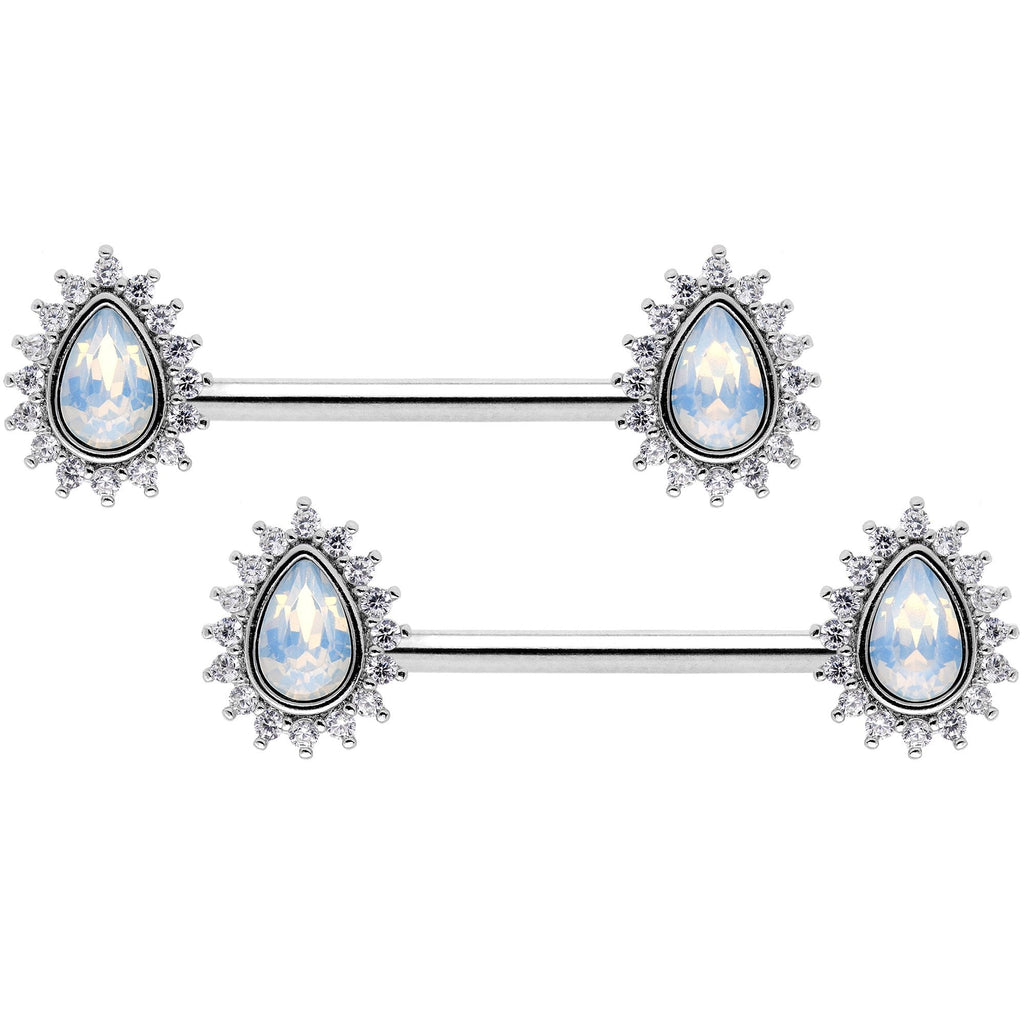 14G Clear CZ Gem White Faux Opal Tear Barbell Nipple Ring Set