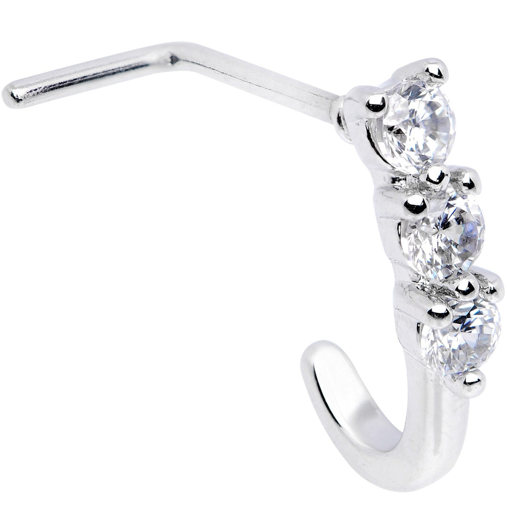 20G Clear CZ Gem Trio Hearts Faux Hoop L Shaped Nose Ring