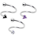 16G 3/8 Goth CZ Gem Triangle Spiral Twister Eyebrow Ring Set