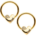 14G 1/2 Clear Gem Golden Love Heart Captive Nipple Ring Set