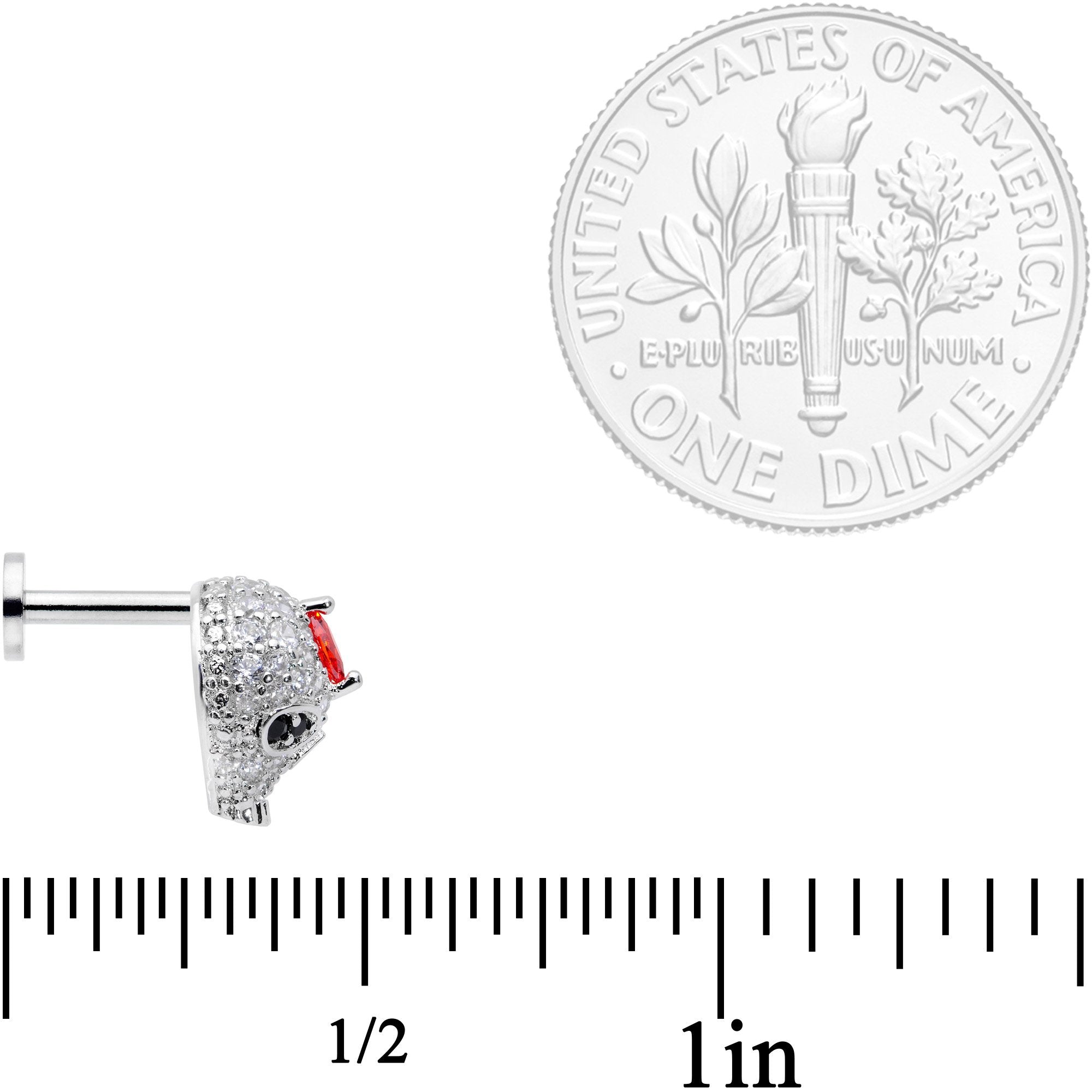 16G 1/4 Clear Red CZ Gem Punk Skull Labret Monroe Tragus