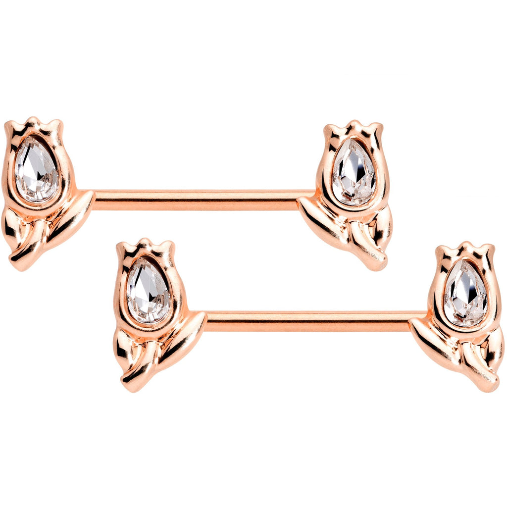 14G Clear Gem Rose Gold Tone Flowers BCR Barbell Nipple Ring Set