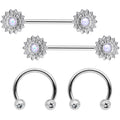 14G 9/16 1/2 White Faux Opal Horseshoe Barbell Nipple Ring Set