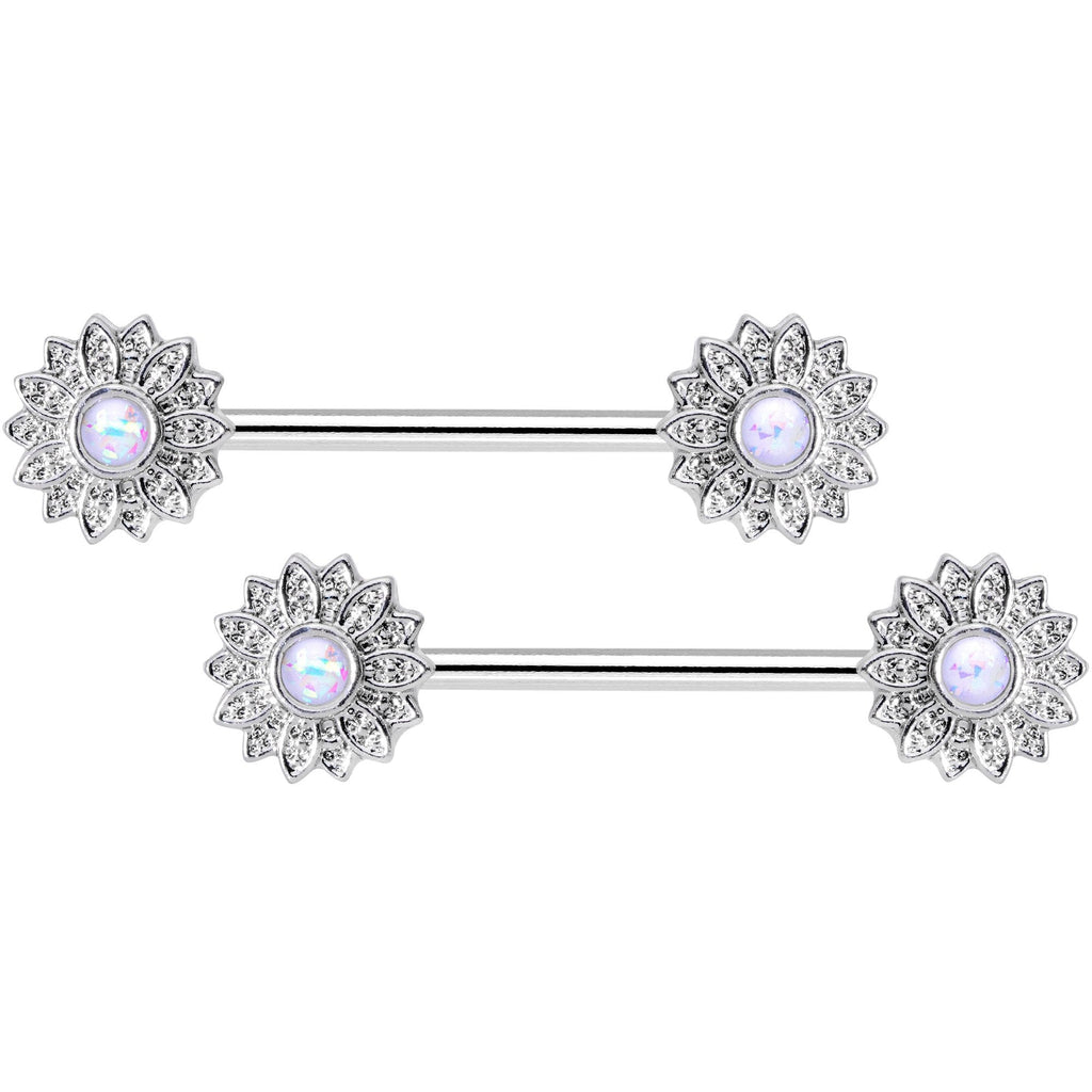 14G 9/16 1/2 White Faux Opal Horseshoe Barbell Nipple Ring Set