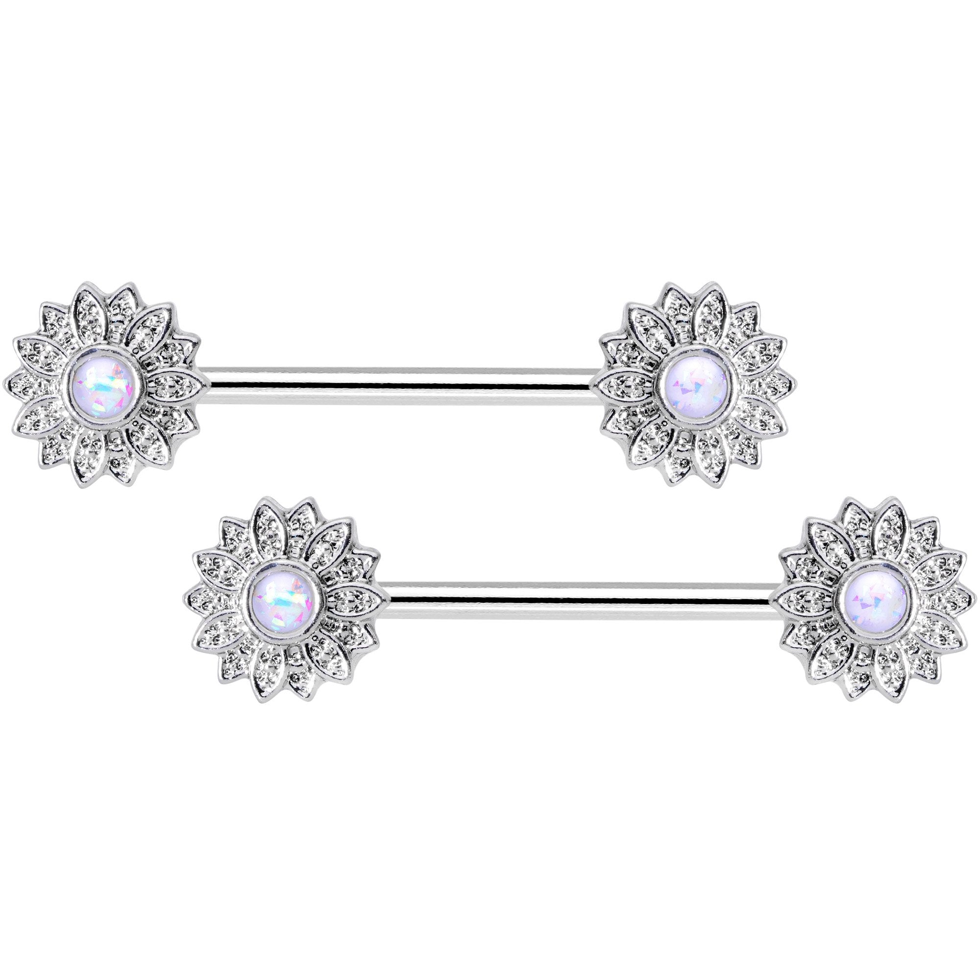 14G 9/16 1/2 White Faux Opal Horseshoe Barbell Nipple Ring Set