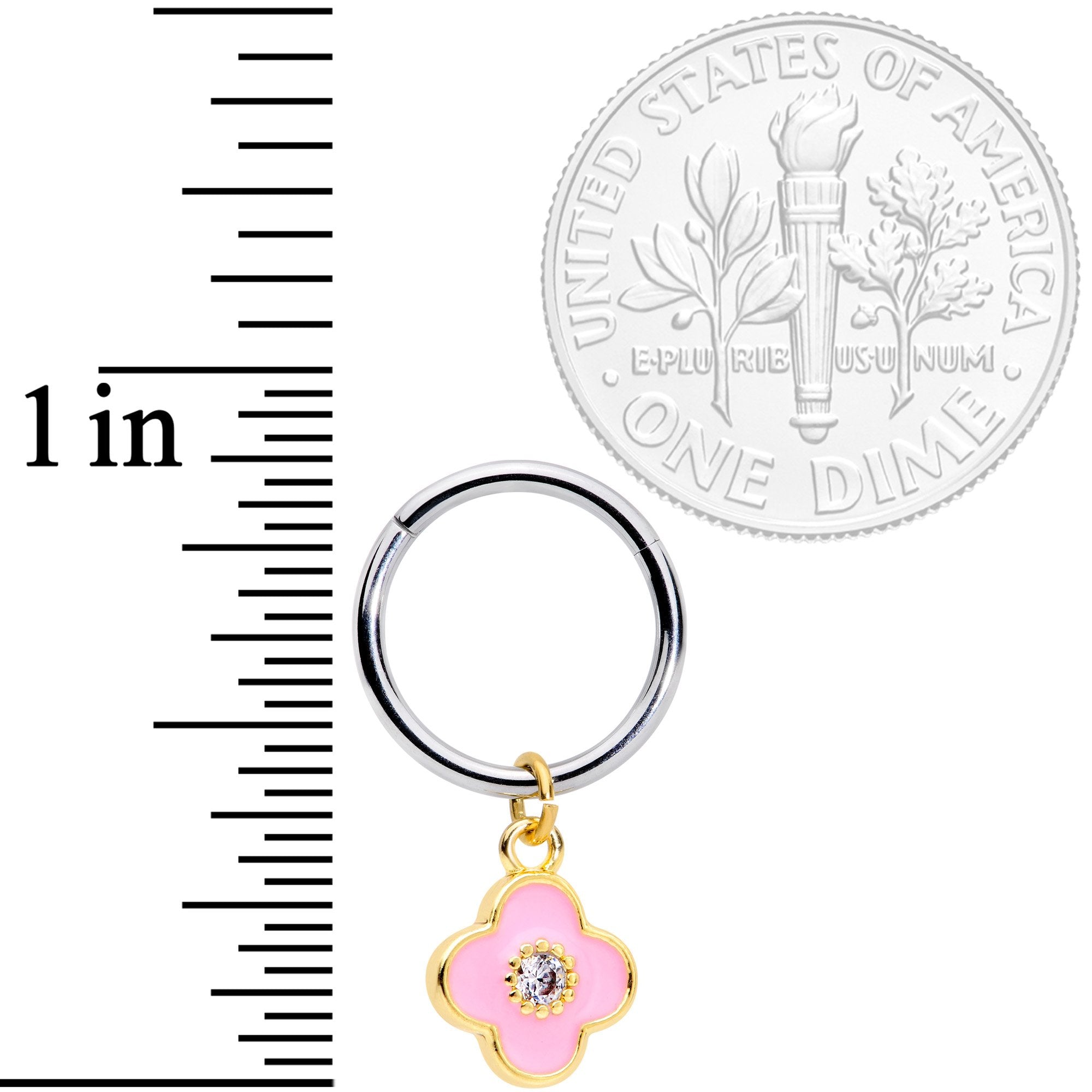 16G 3/8 Clear CZ Pink Flower Dangle Hinged Segment Ring