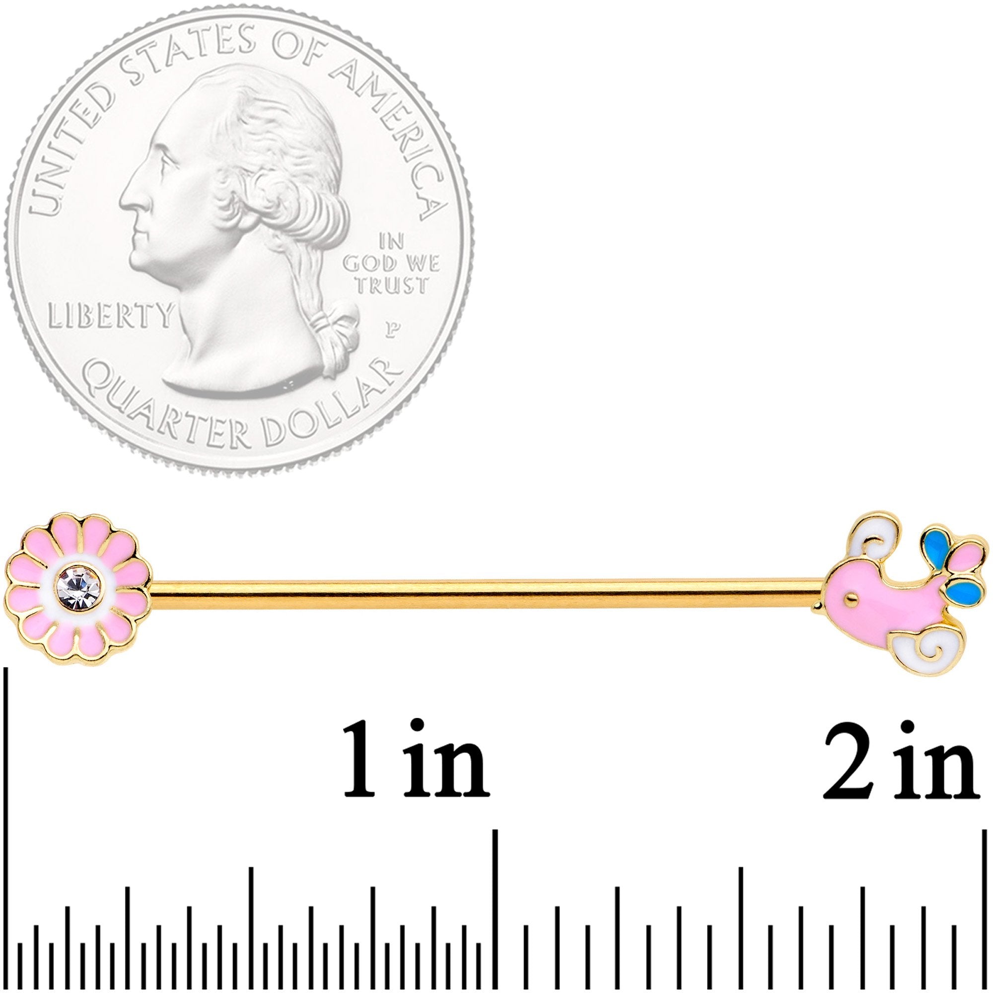 14G Clear Gem Gold Tone Pink Bird Flower Industrial Barbell 38mm