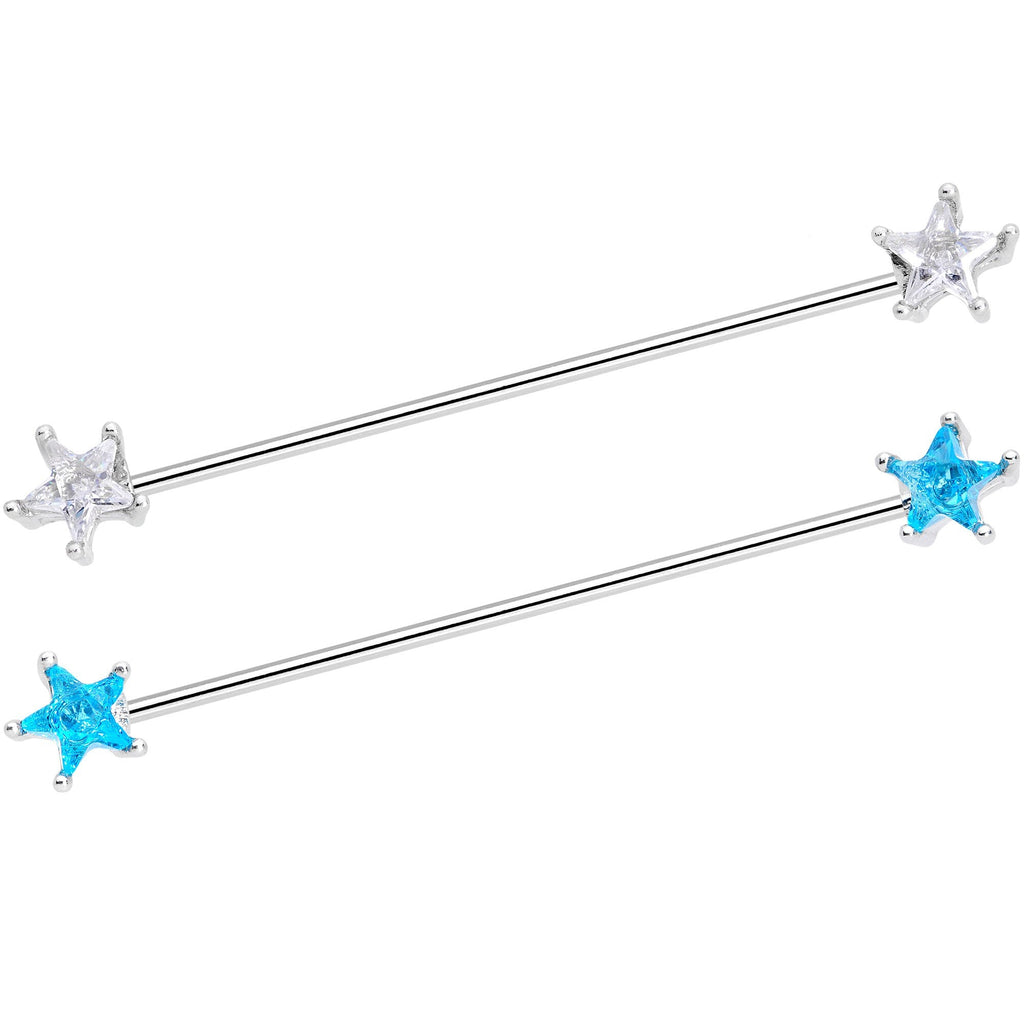 16G Clear Blue CZ Gem Stars Industrial Barbell Bonus Pack Set