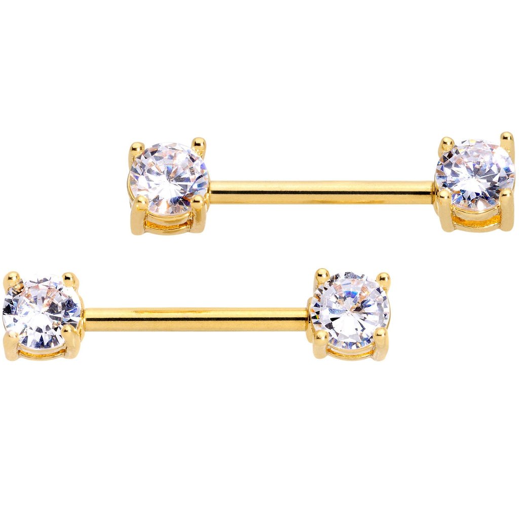14G 9/16 Clear CZ Gem Gold Tone Barbell Nipple Ring Set
