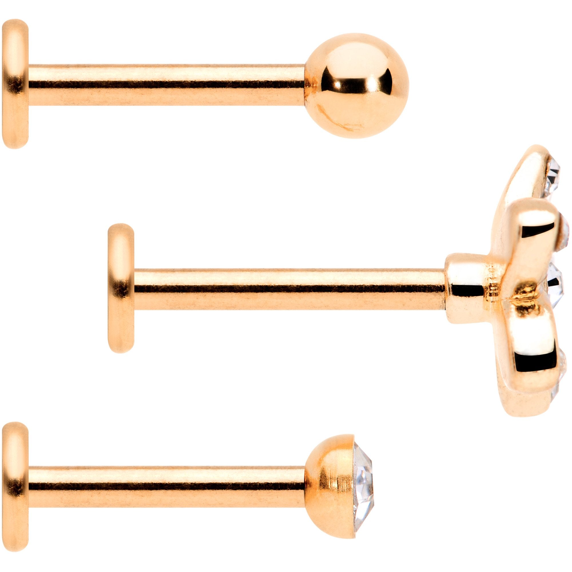 16G Clear Gem Rose Gold Tone Black Flower Labret Set of 3