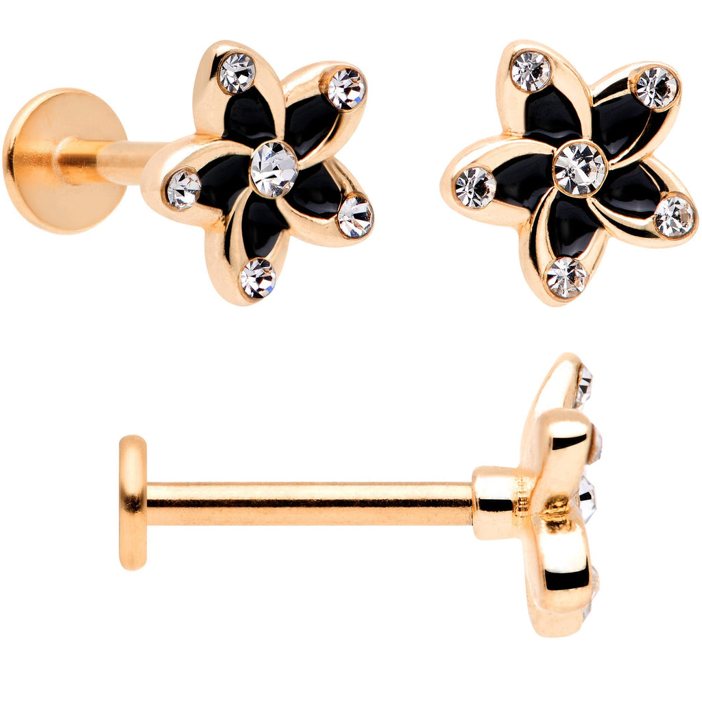 16G Clear Gem Rose Gold Tone Black Flower Labret Set of 3