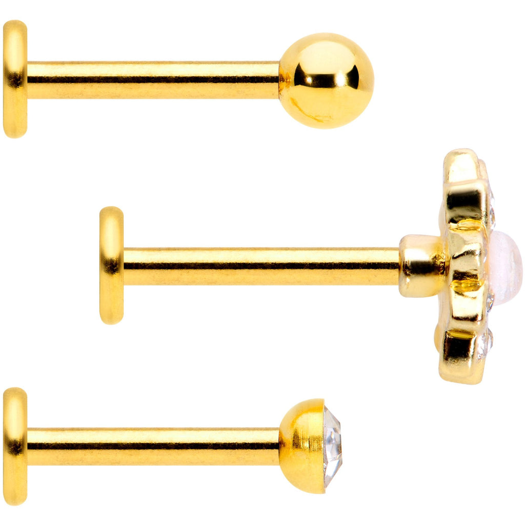 16G 5/16 White Faux Opal Gold Tone Flower Labret Curation Set of 3
