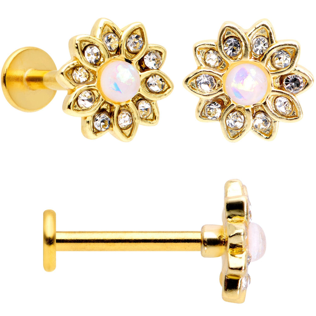 16G 5/16 White Faux Opal Gold Tone Flower Labret Curation Set of 3