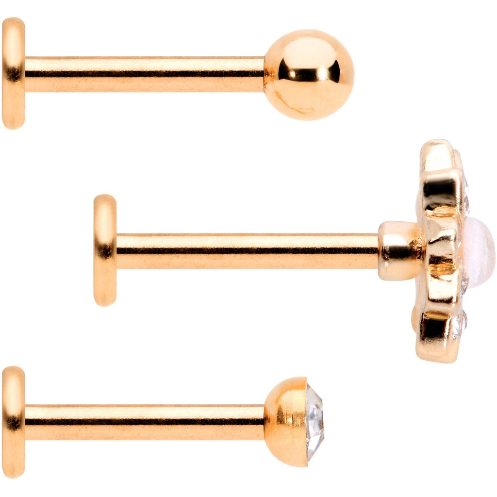16G 5/16 White Faux Opal Rose Gold Tone Flower Labret Set of 3