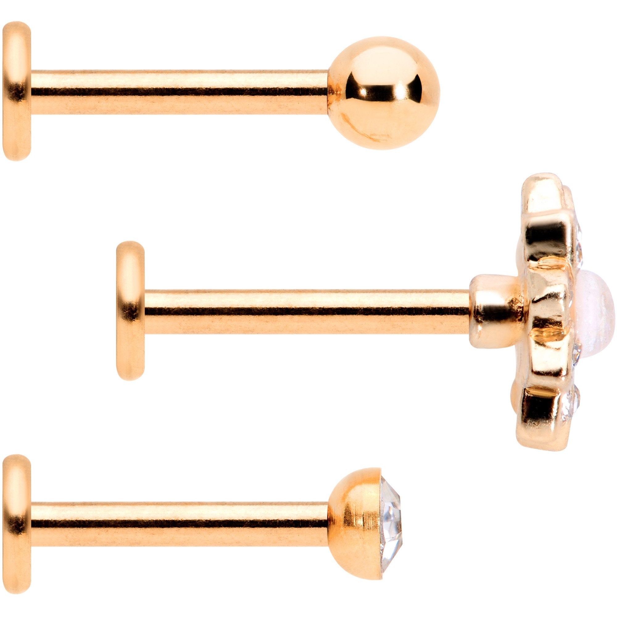 16G 5/16 White Faux Opal Rose Gold Tone Flower Labret Set of 3