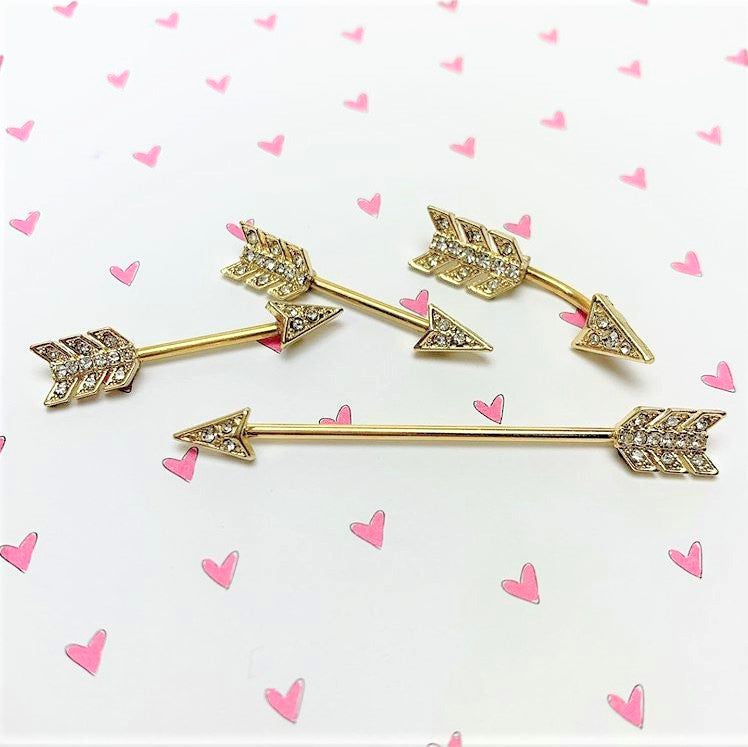 14G Clear Gem Gold Tone Flying Arrow Industrial Barbell 38mm