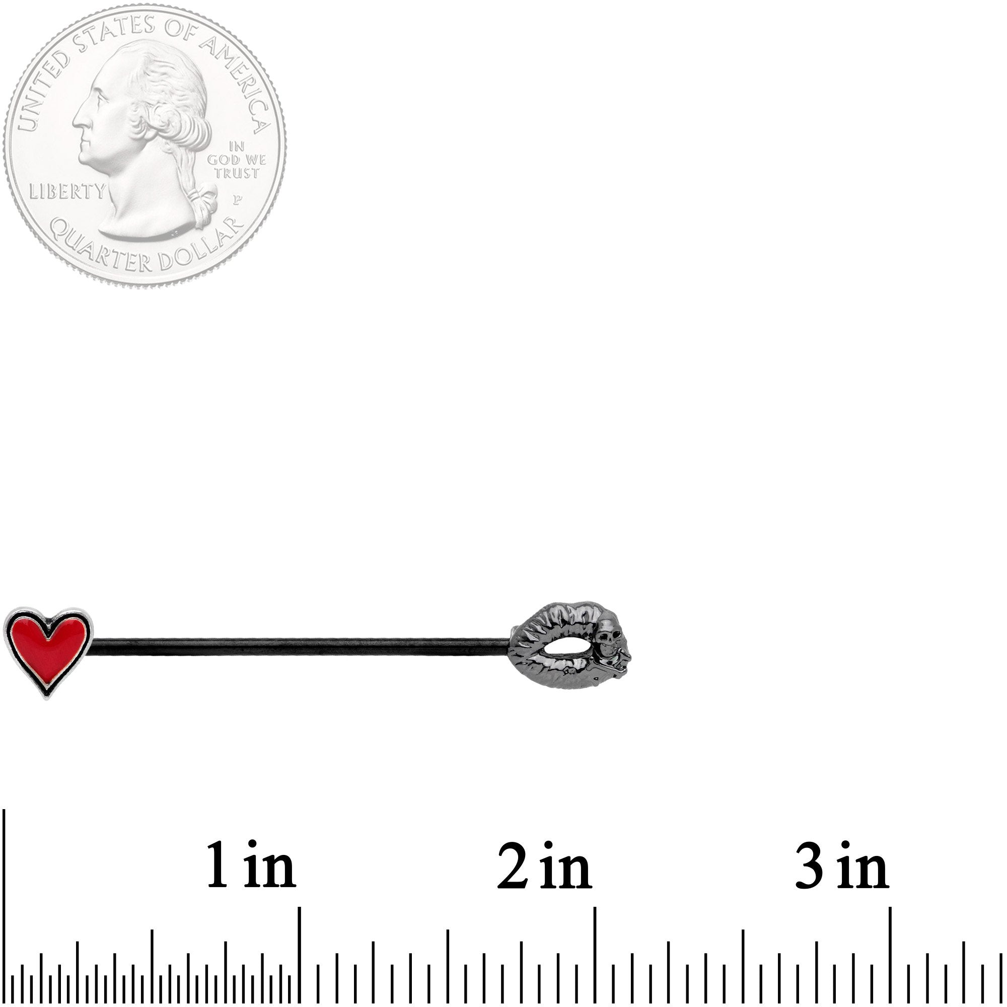 14G Red Heart Black Kiss of Death Industrial Barbell 38mm