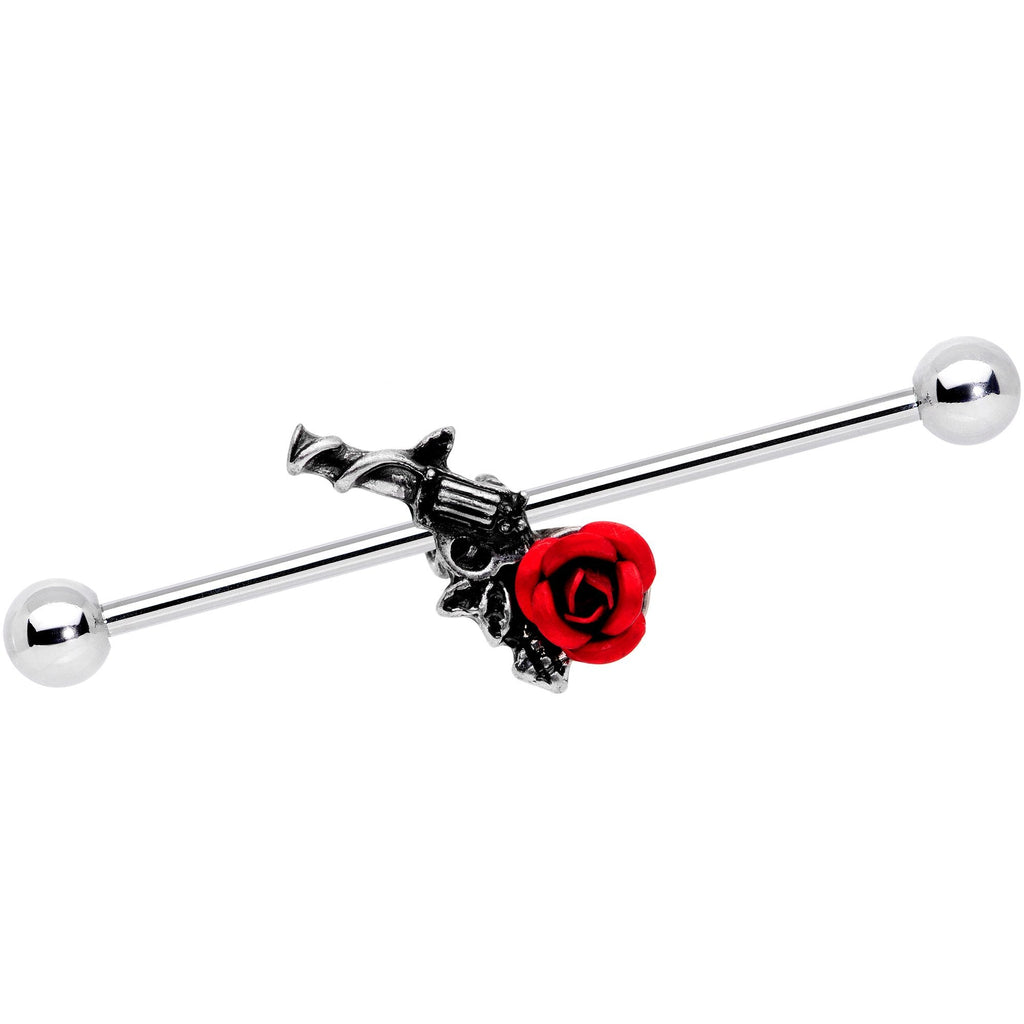 14G Red Rose Flower and Gun Industrial Barbell 38mm