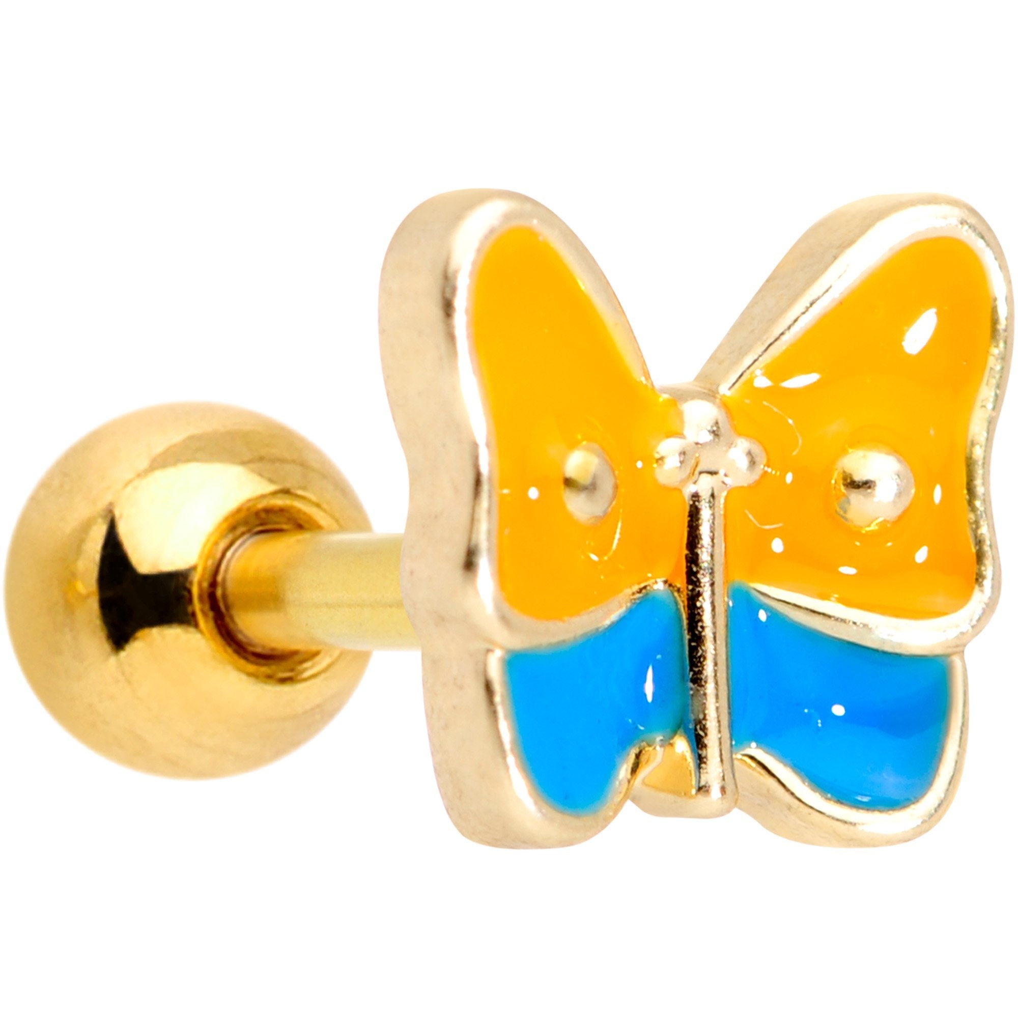 16G 1/4 Gold Tone Blue Orange Butterfly Cartilage Tragus Earring