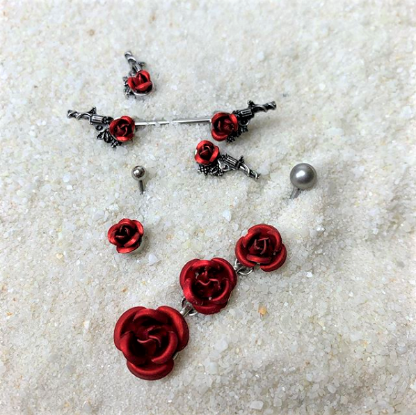 14G 9/16 Red Rose Flower and Gun Barbell Nipple Ring Set