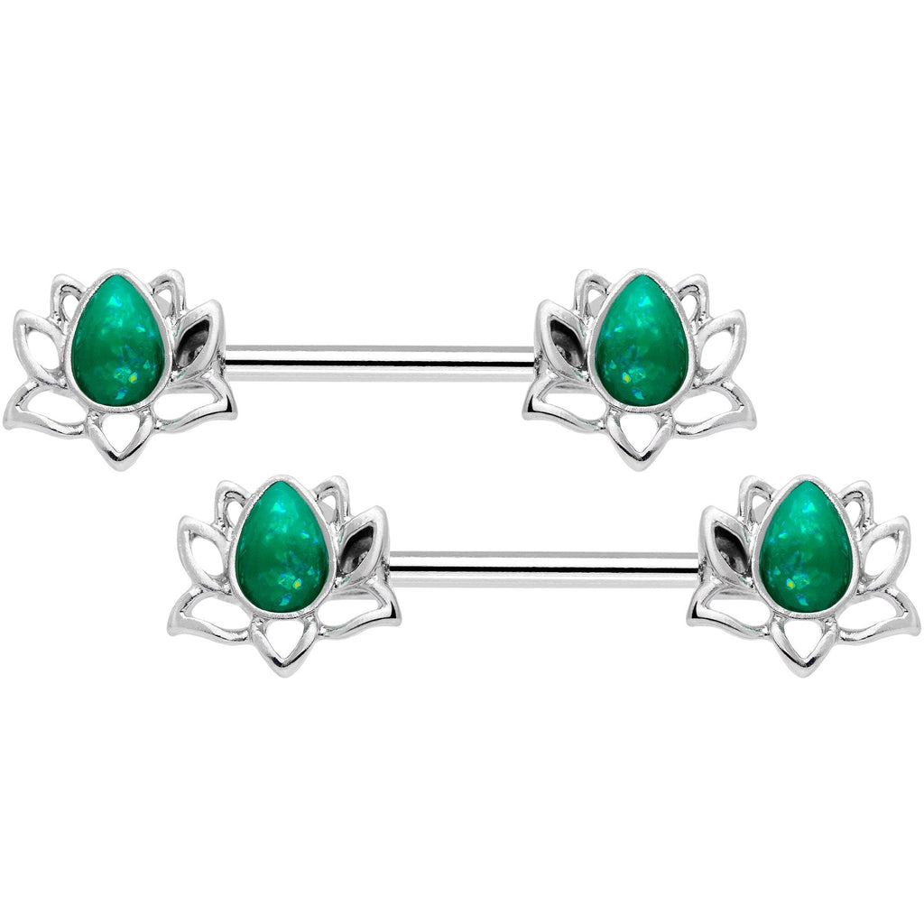 14G 9/16 Green Faux Opal Lotus Flower Barbell Nipple Ring Set