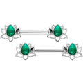 14G 9/16 Green Faux Opal Lotus Flower Barbell Nipple Ring Set