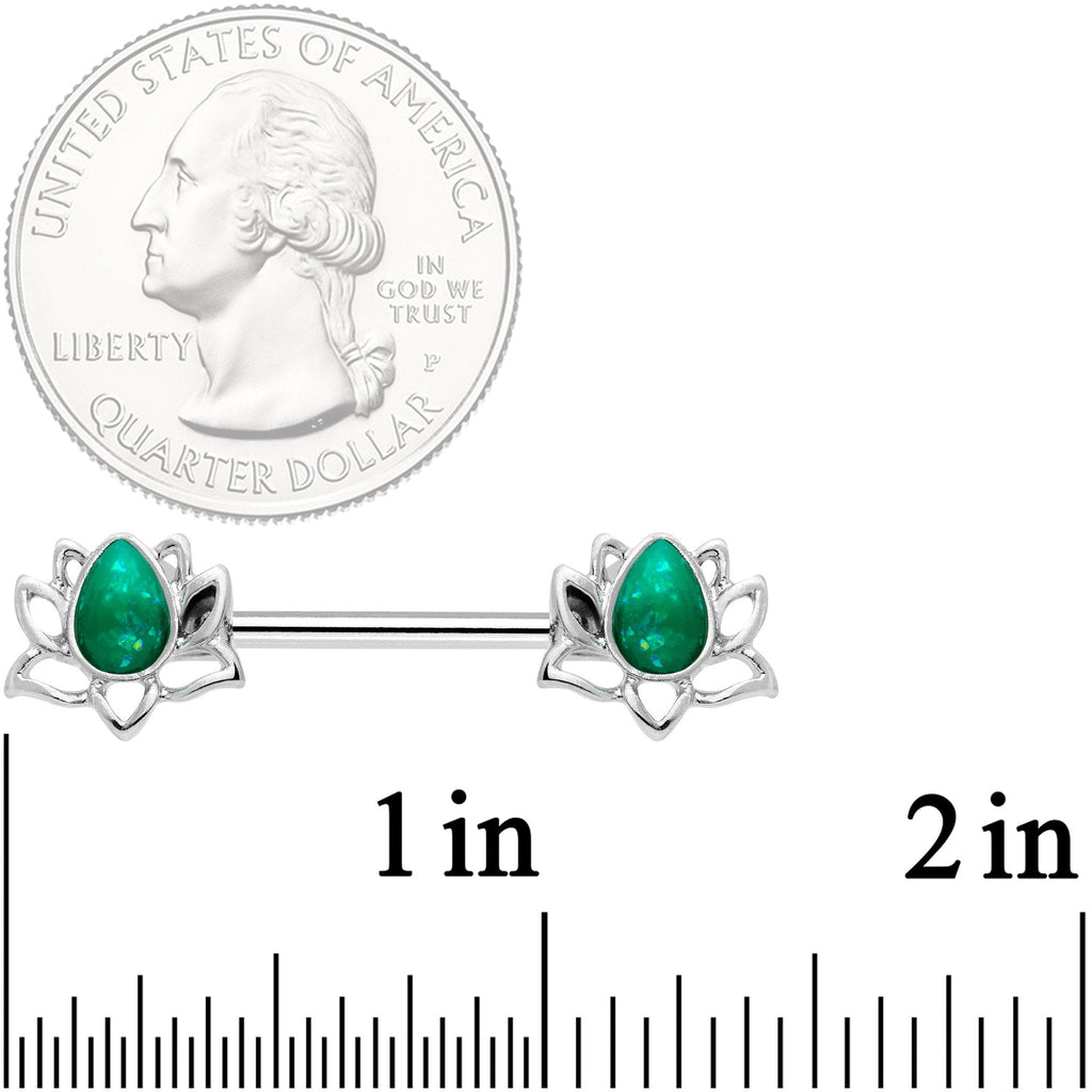14G 9/16 Green Faux Opal Lotus Flower Barbell Nipple Ring Set