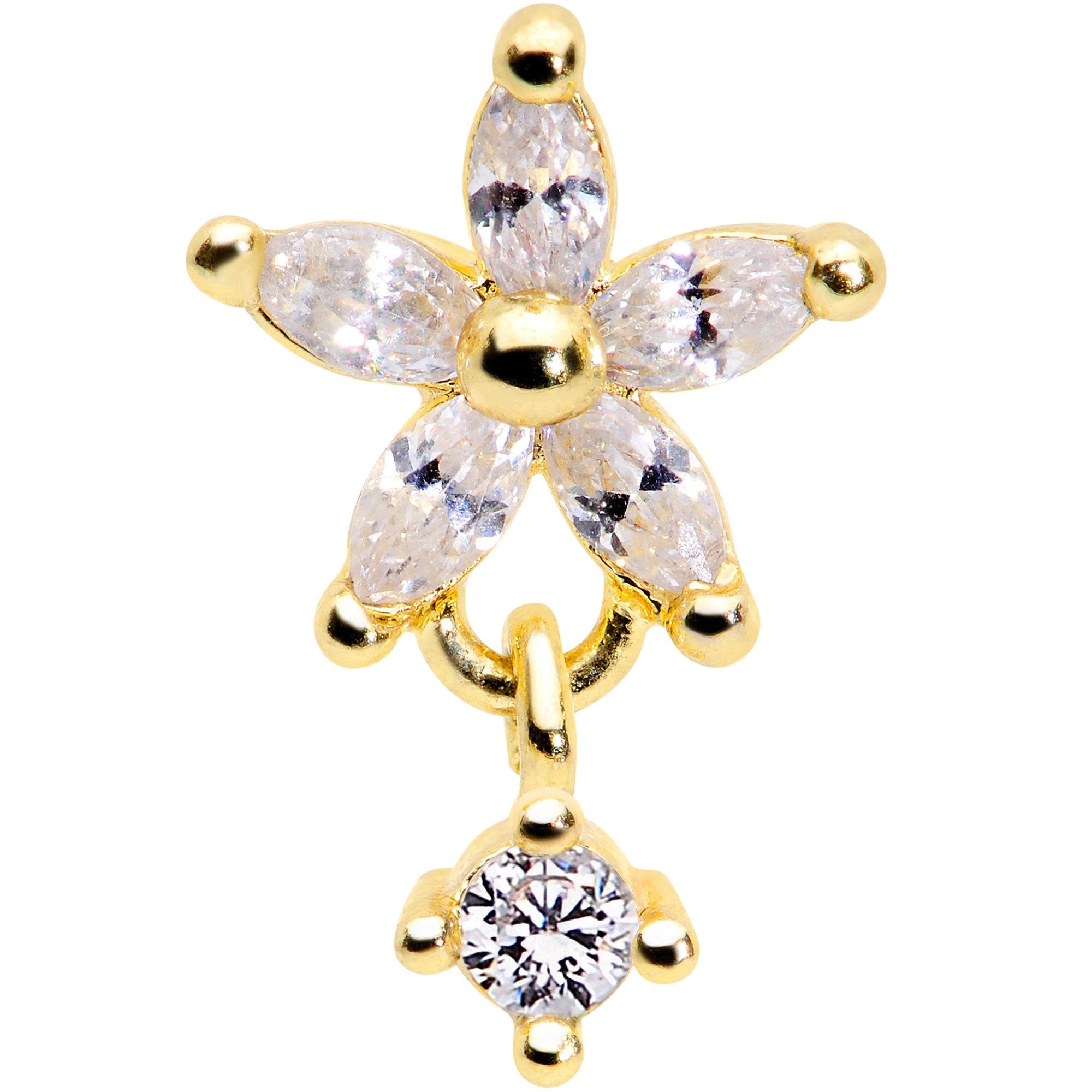 16G 5/16 Clear CZ Gem Gold Tone Flower Dangle Cartilage Tragus