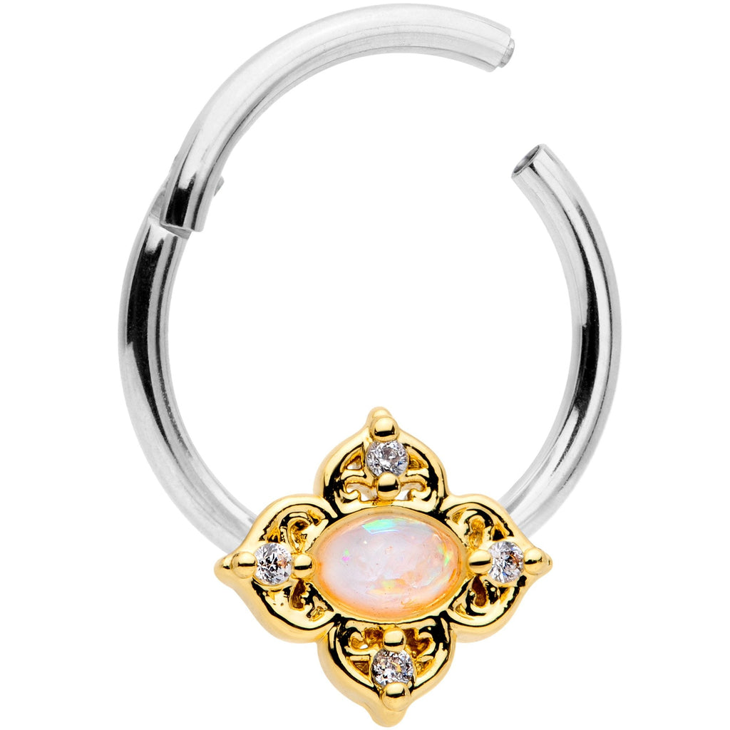 16G 3/8 Clear CZ White Faux Opal Rhombus Hinged Segment Ring