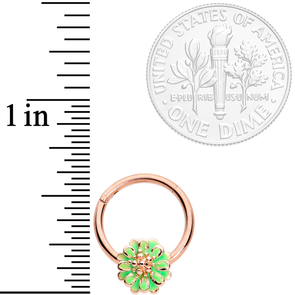 16G 3/8 Rose Gold Tone Green Flower Hinged Segment Ring
