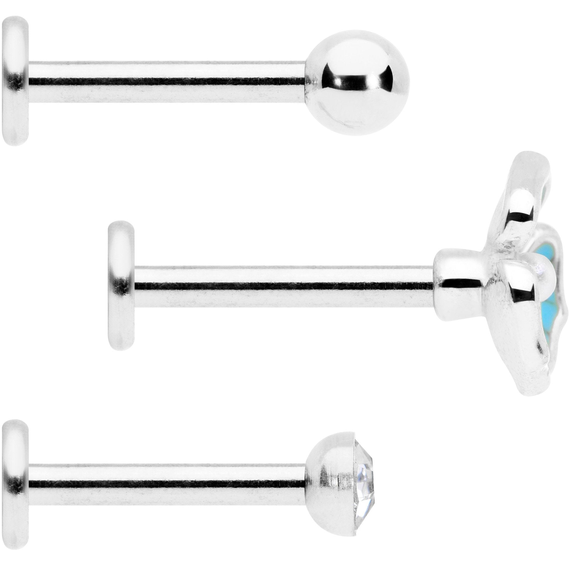 16G 5/16 Clear Gem Blue Flower Labret Monroe Tragus Set of 3