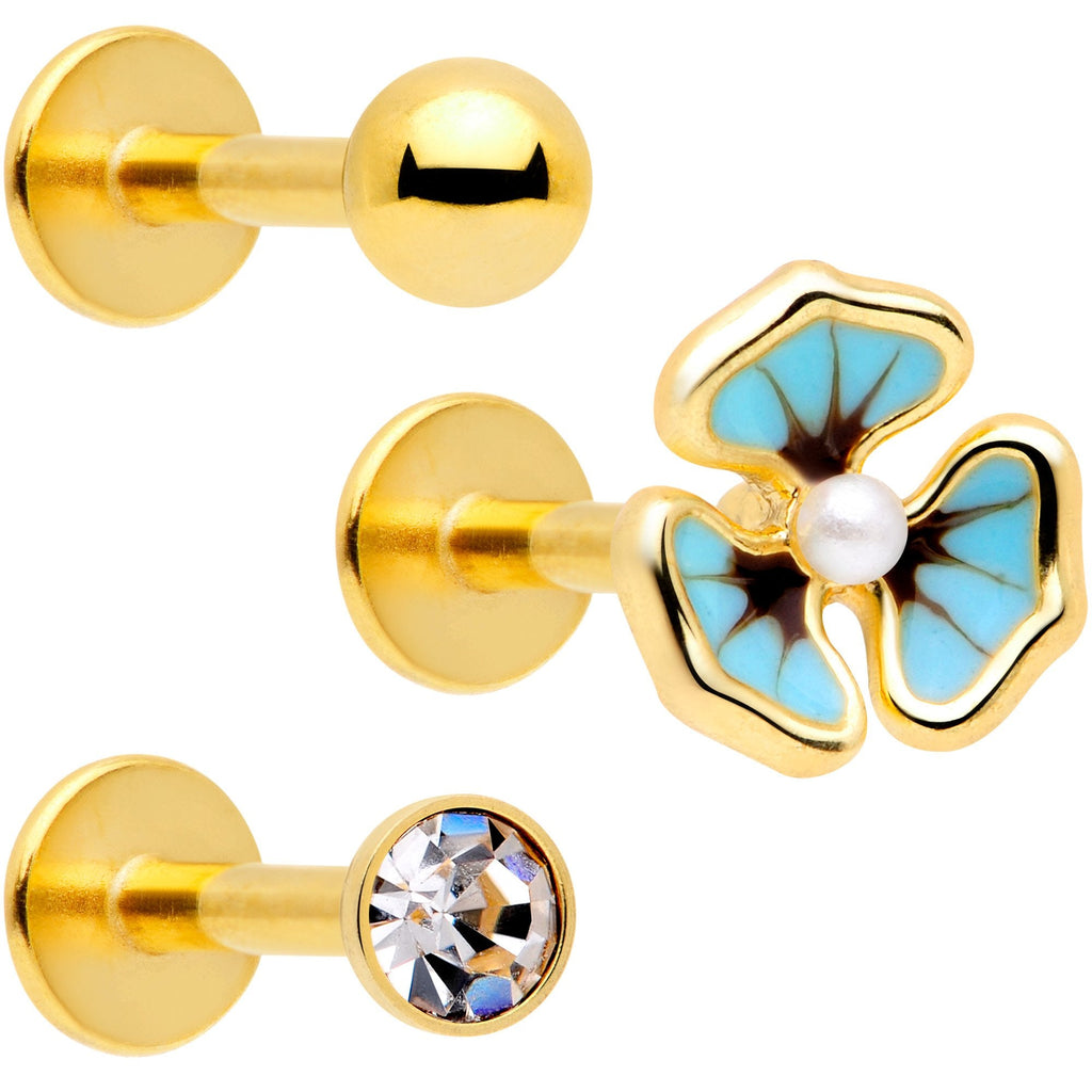 16G 5/16 Clear Gem Gold Tone Blue Pansy Labret Set of 3