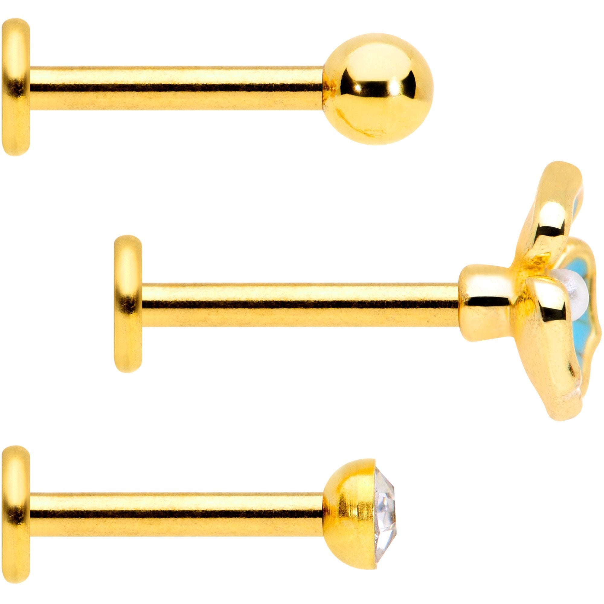 16G 5/16 Clear Gem Gold Tone Blue Pansy Labret Set of 3