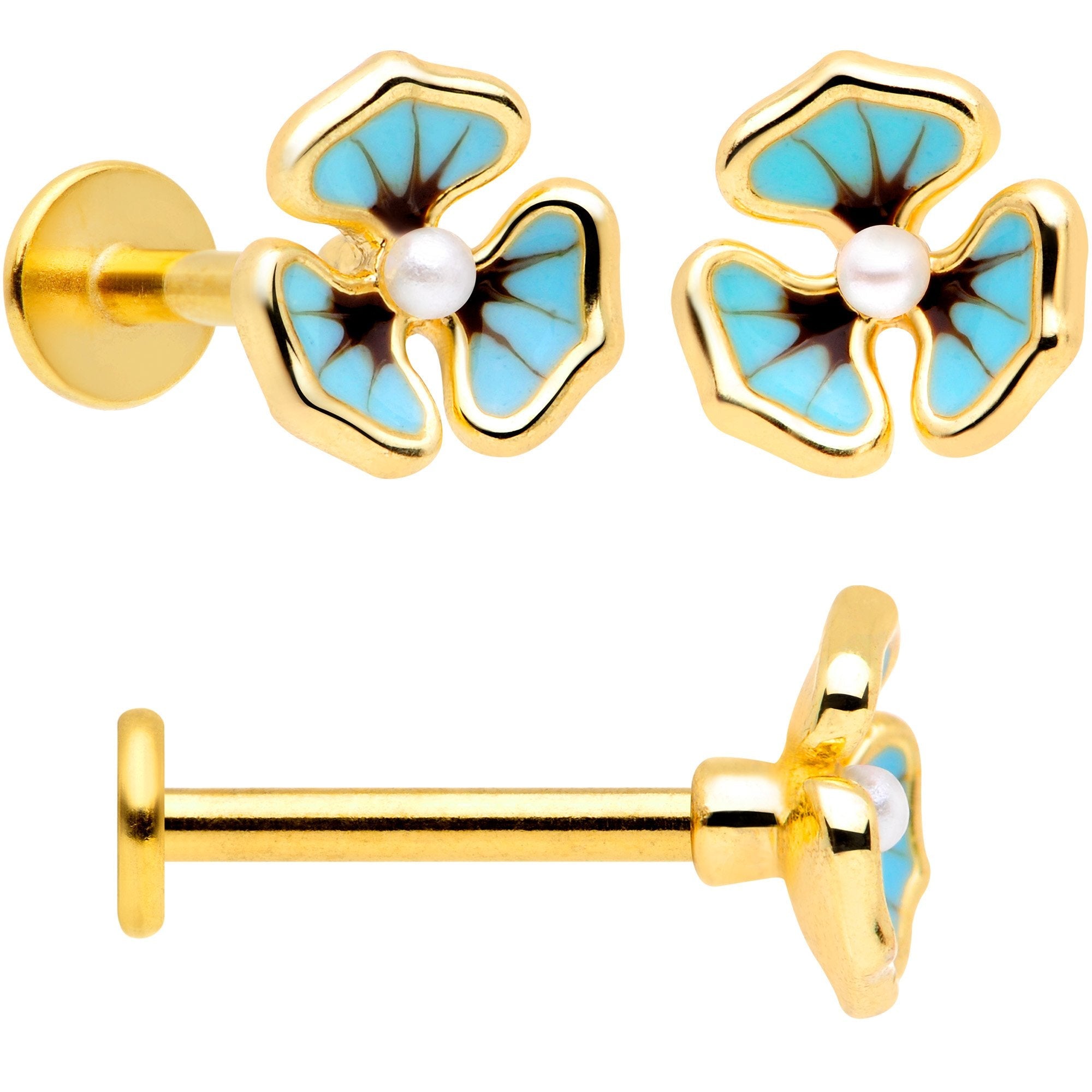 16G 5/16 Clear Gem Gold Tone Blue Pansy Labret Set of 3
