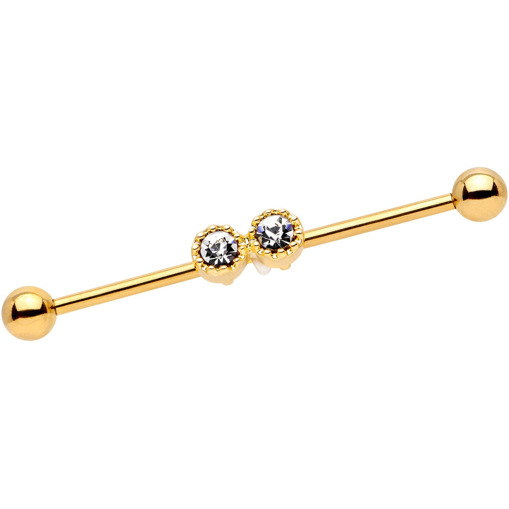 14G Clear Gem Gold Tone Double Drama Industrial Barbell 38mm