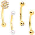 16G 5/16 Clear Gem Flower Gold Tone Curved Eyebrow Ring Set of 4