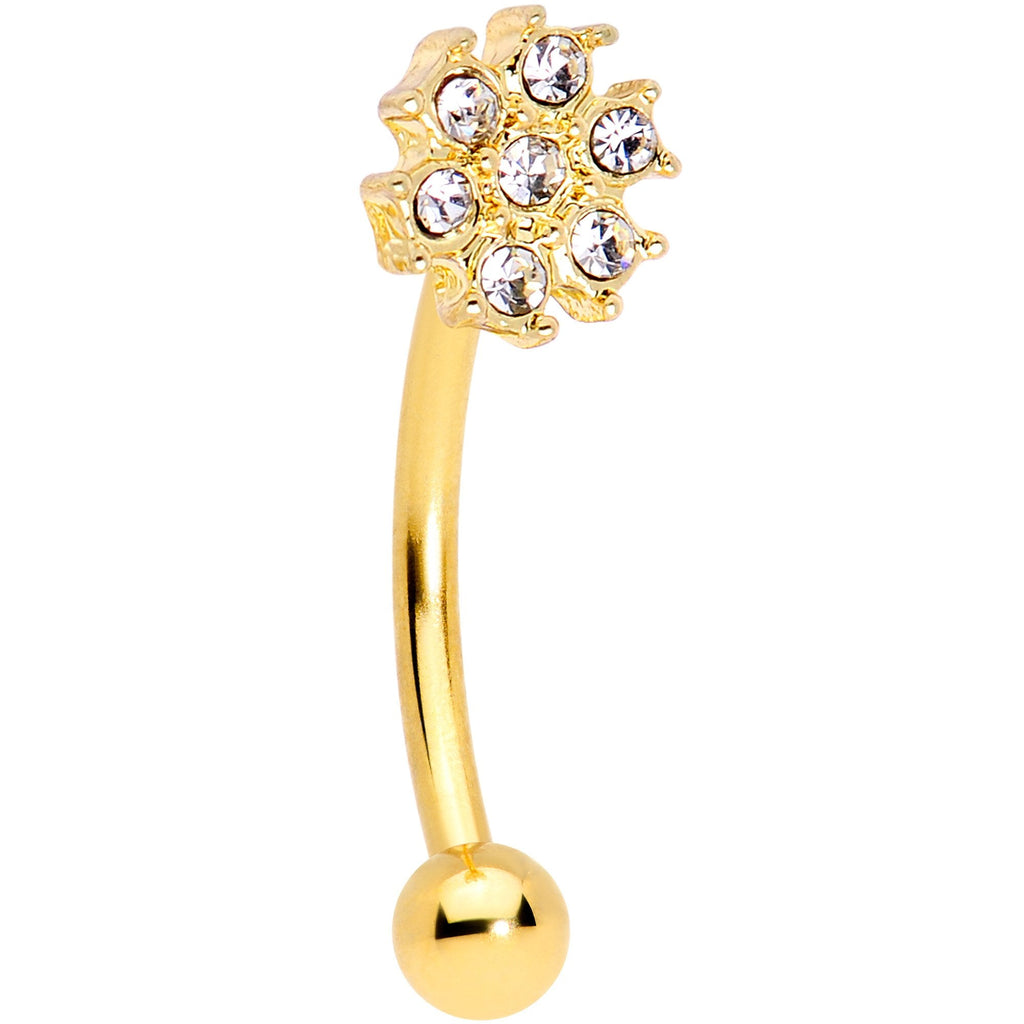 16G 5/16 Clear Gem Flower Gold Tone Curved Eyebrow Ring Set of 4