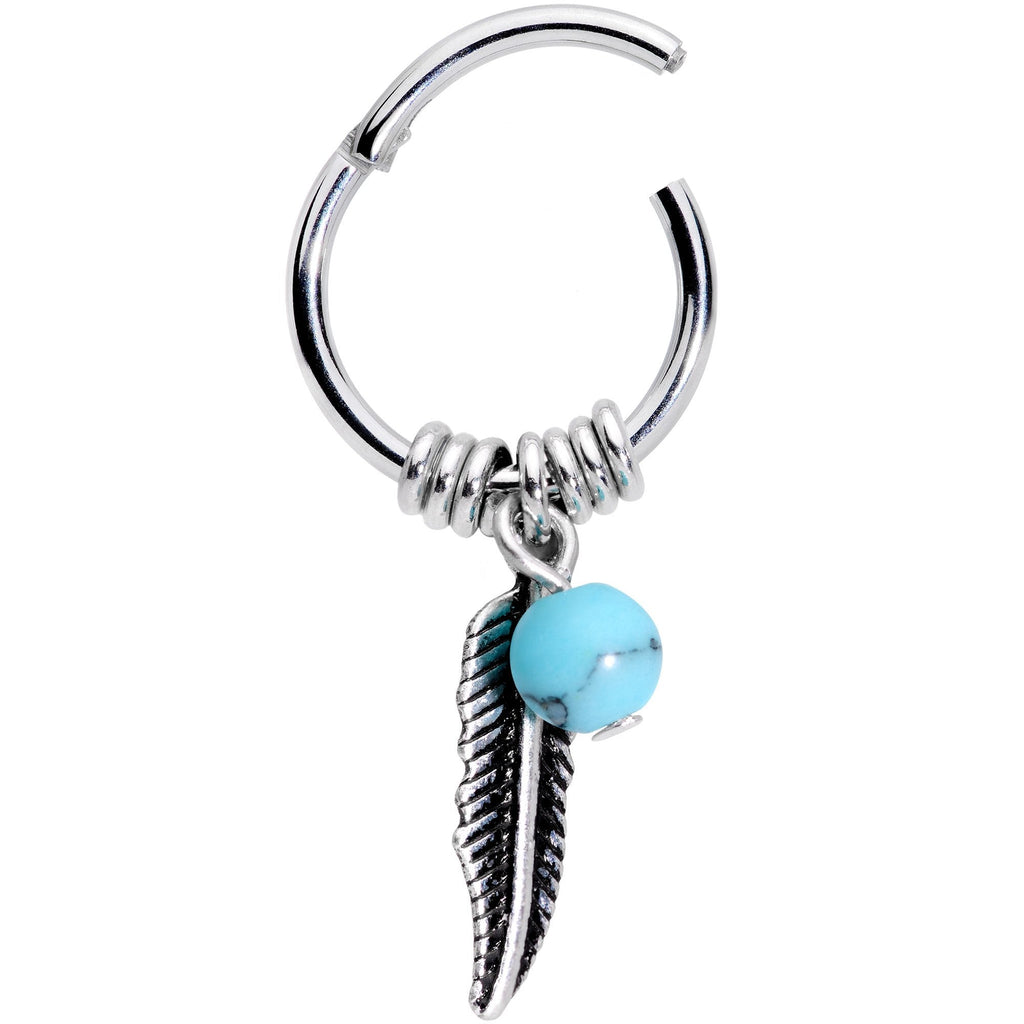 16G 3/8 Southwest Blue Bead Feather Hinged Dangle Segment Ring