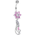 Clear Pink CZ Gem Floral Flourish Dangle Belly Ring