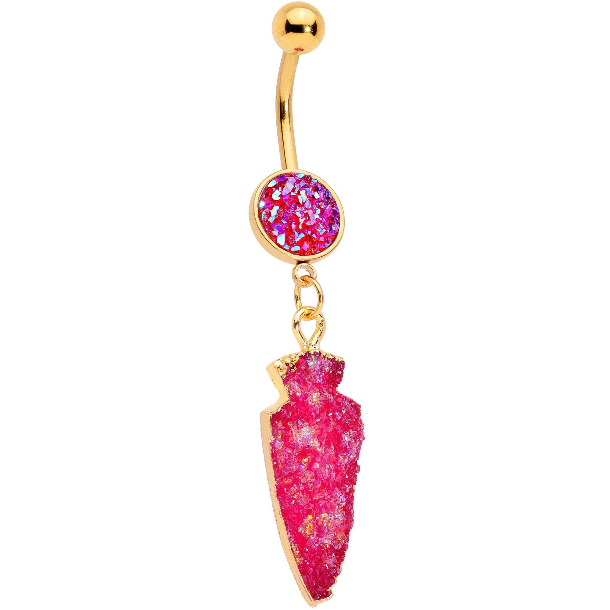 Pink Faux Druzy Gold Tone Arrowhead Dangle Belly Ring