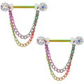 14G Clear Gem End Rainbow Chain Dangle Nipple Ring Set