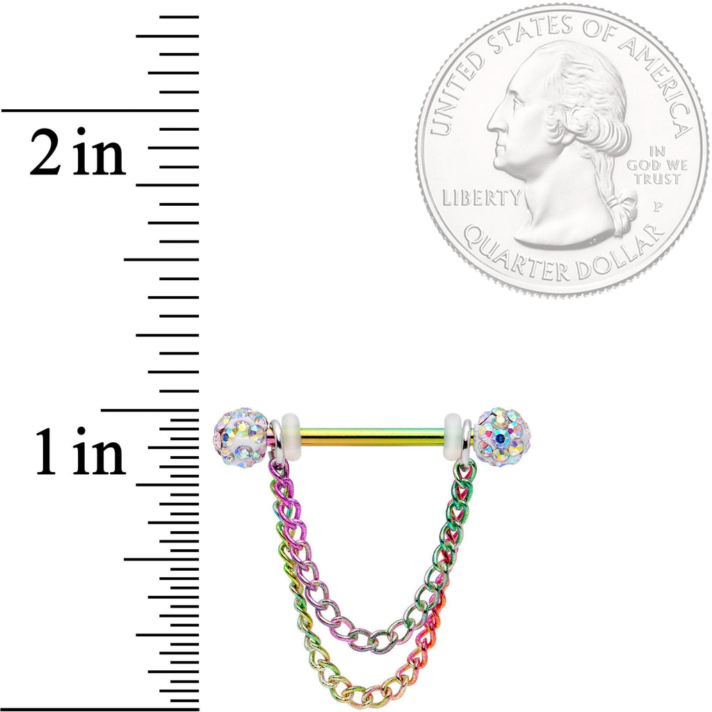 14G Clear Gem End Rainbow Chain Dangle Nipple Ring Set