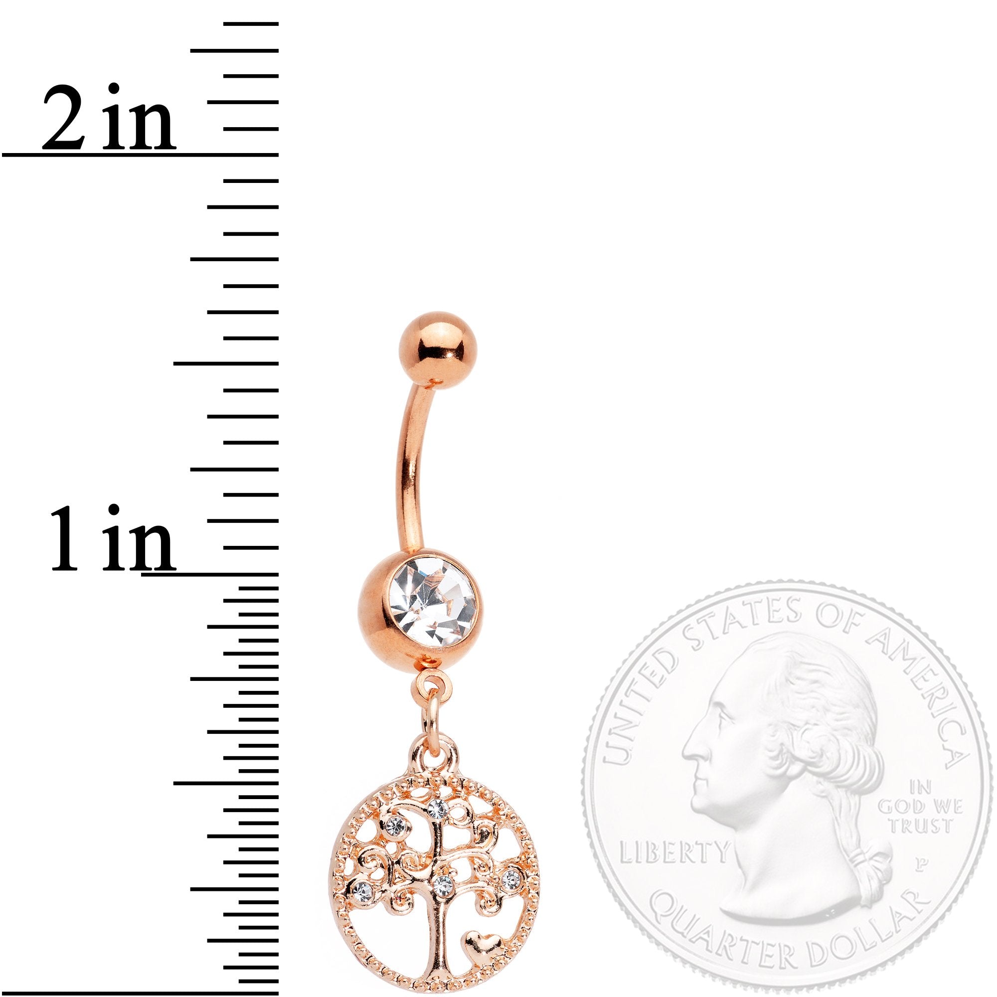 Clear Gem Rose Gold Tone Tree of Life Dangle Belly Ring