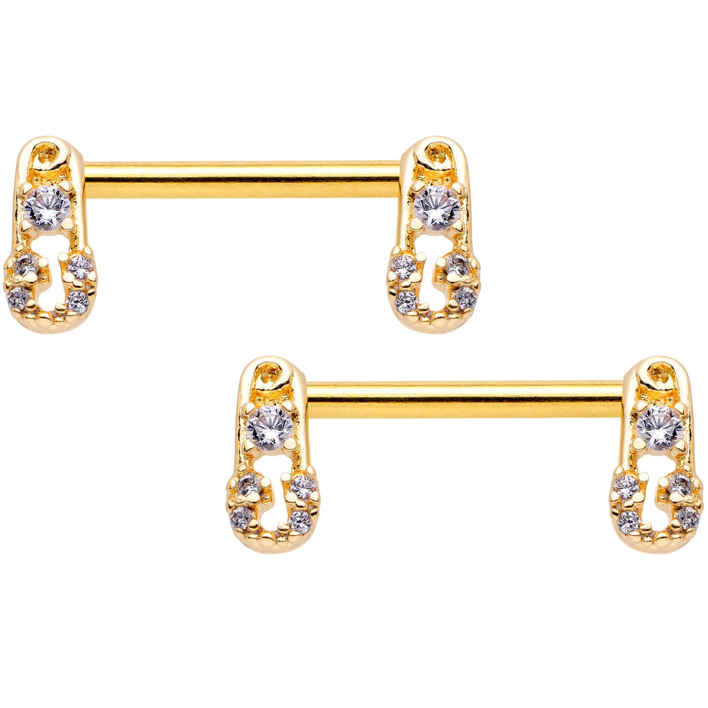14G 9/16 Clear CZ Gem Gold Tone Safety Pin Nipple Ring Set