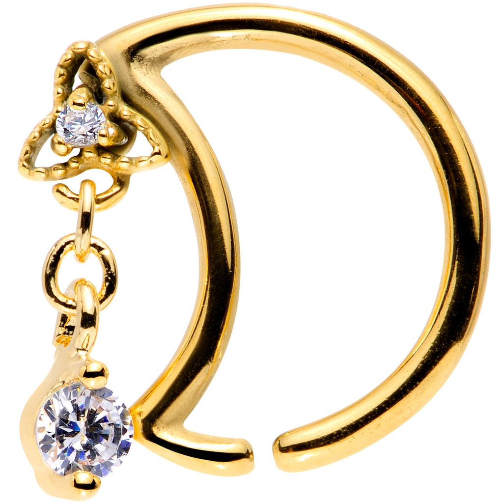 16G 3/8 Clear CZ Gem Gold Tone Crescent Moon Dangle Closure Ring